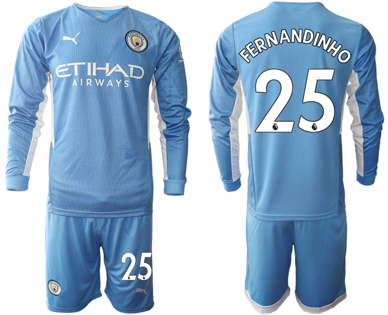 Men 2021-2022 Club Manchester city home Light blue Long Sleeve #25 Soccer Jersey